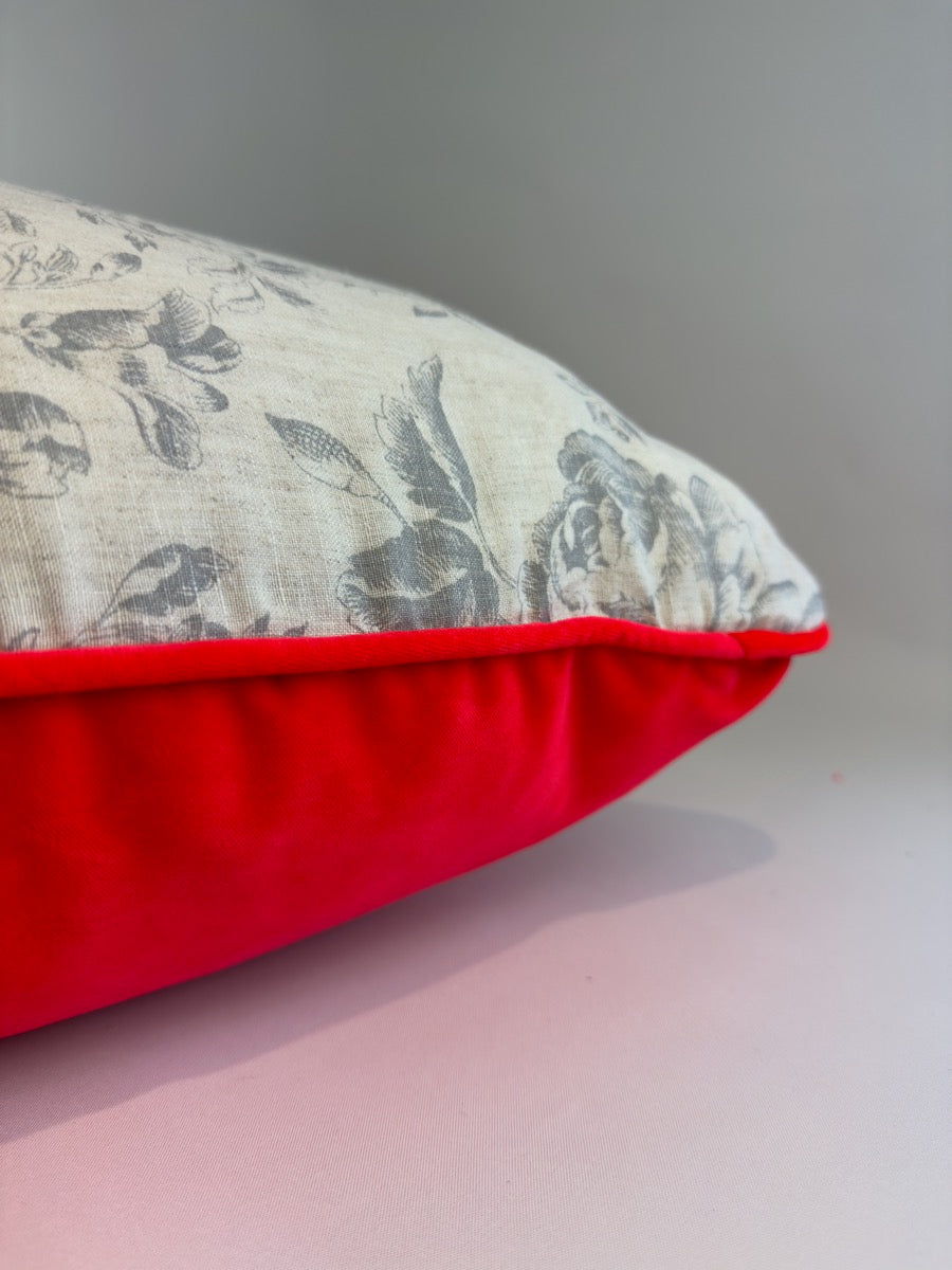 Cabbages and Roses French blue on natural linen with carmine velvet image 3
