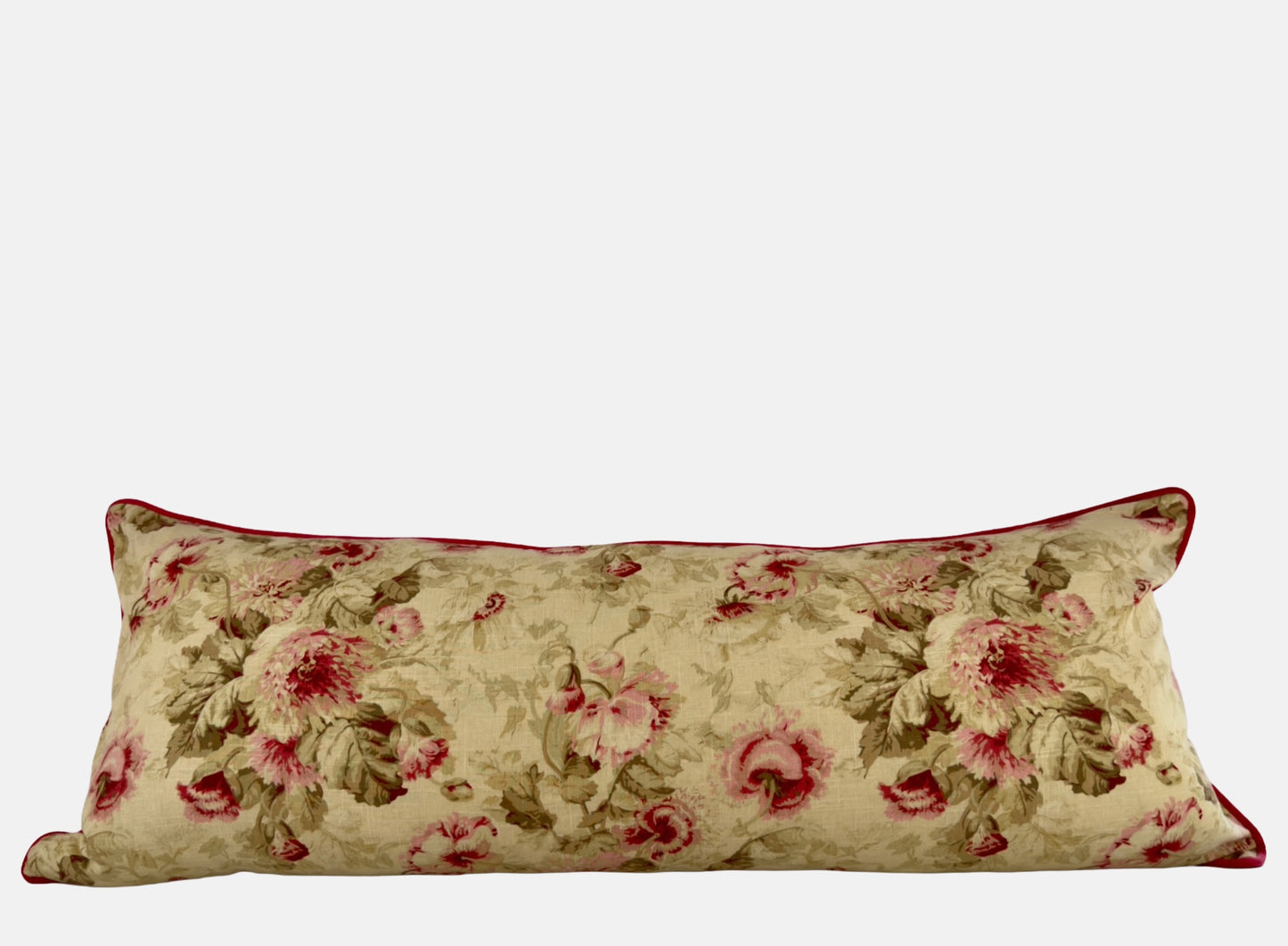 Patterned linen with reds, pinks and greens with poppy red velvet image 0