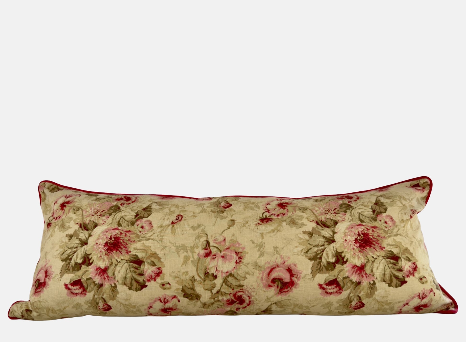 Patterned linen with reds, pinks and greens with poppy red velvet image 0