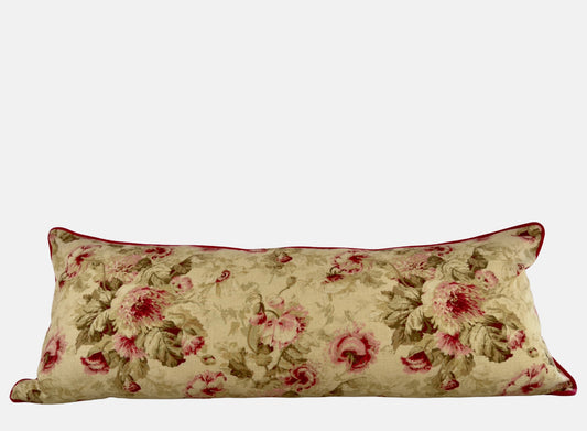 Patterned linen with reds, pinks and greens with poppy red velvet image 0
